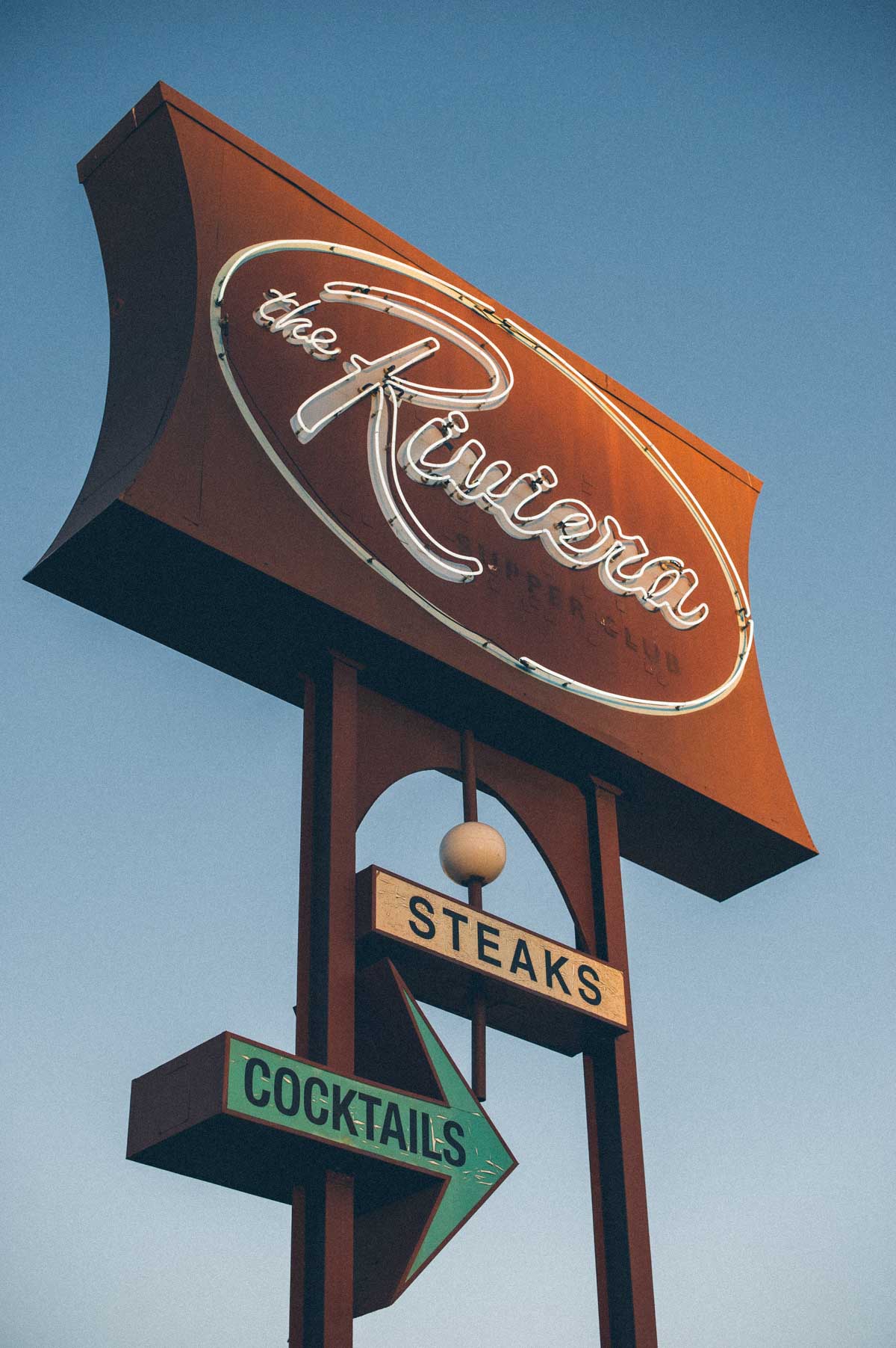 The Riviera Supper Club roadside neon sign advertising steaks and cocktails in La Mesa